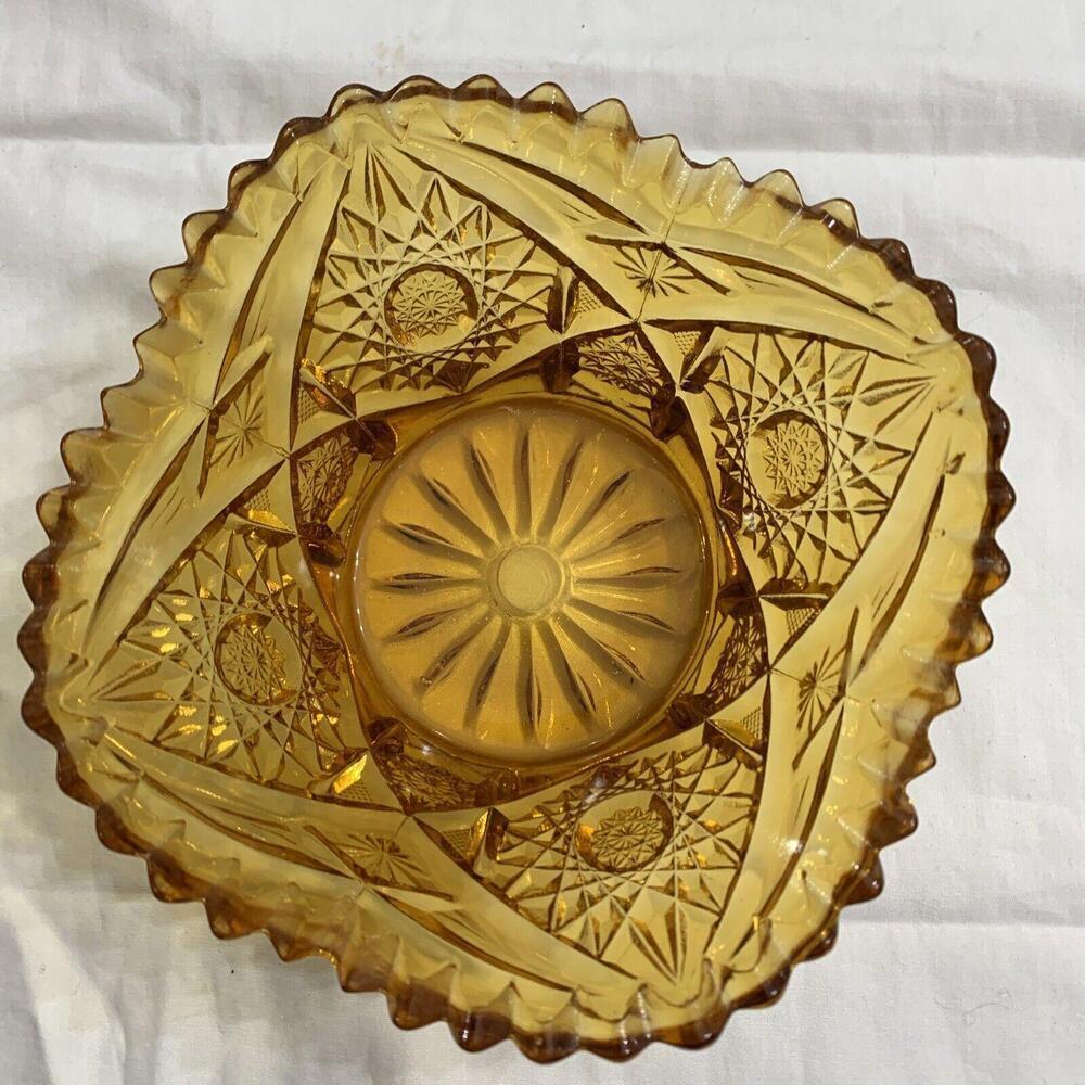 Vintage Yellow Amber Hobstar Cut Glass Bowl 6” X 3.75”​​